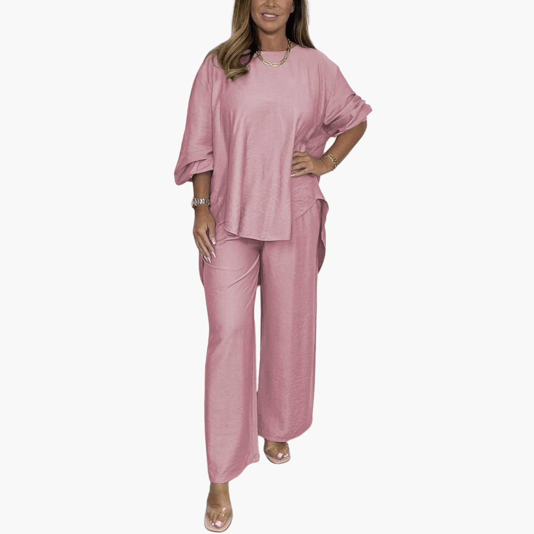 Women's loungewear set wide-leg pants loose blouse round neckline flowing silhouette casual chic