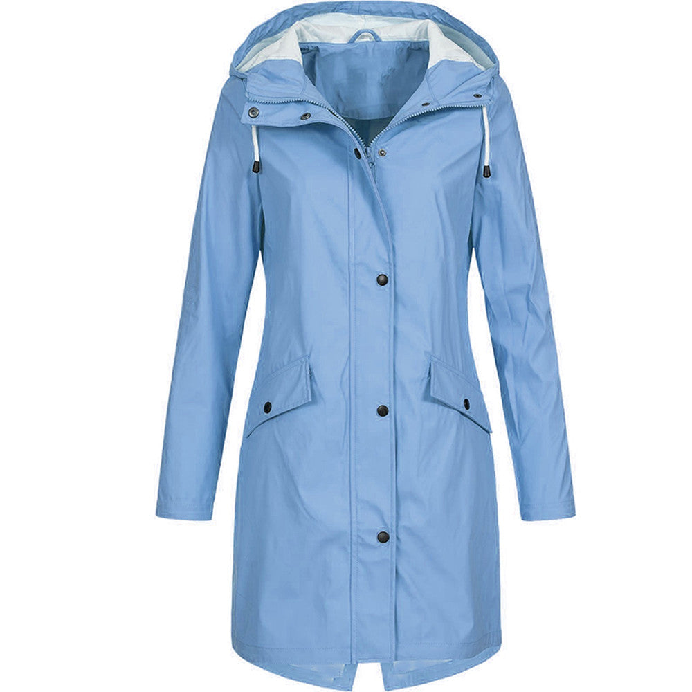 Lightweight long hooded rain jacket waterproof full-zip snap front for all-weather commuters