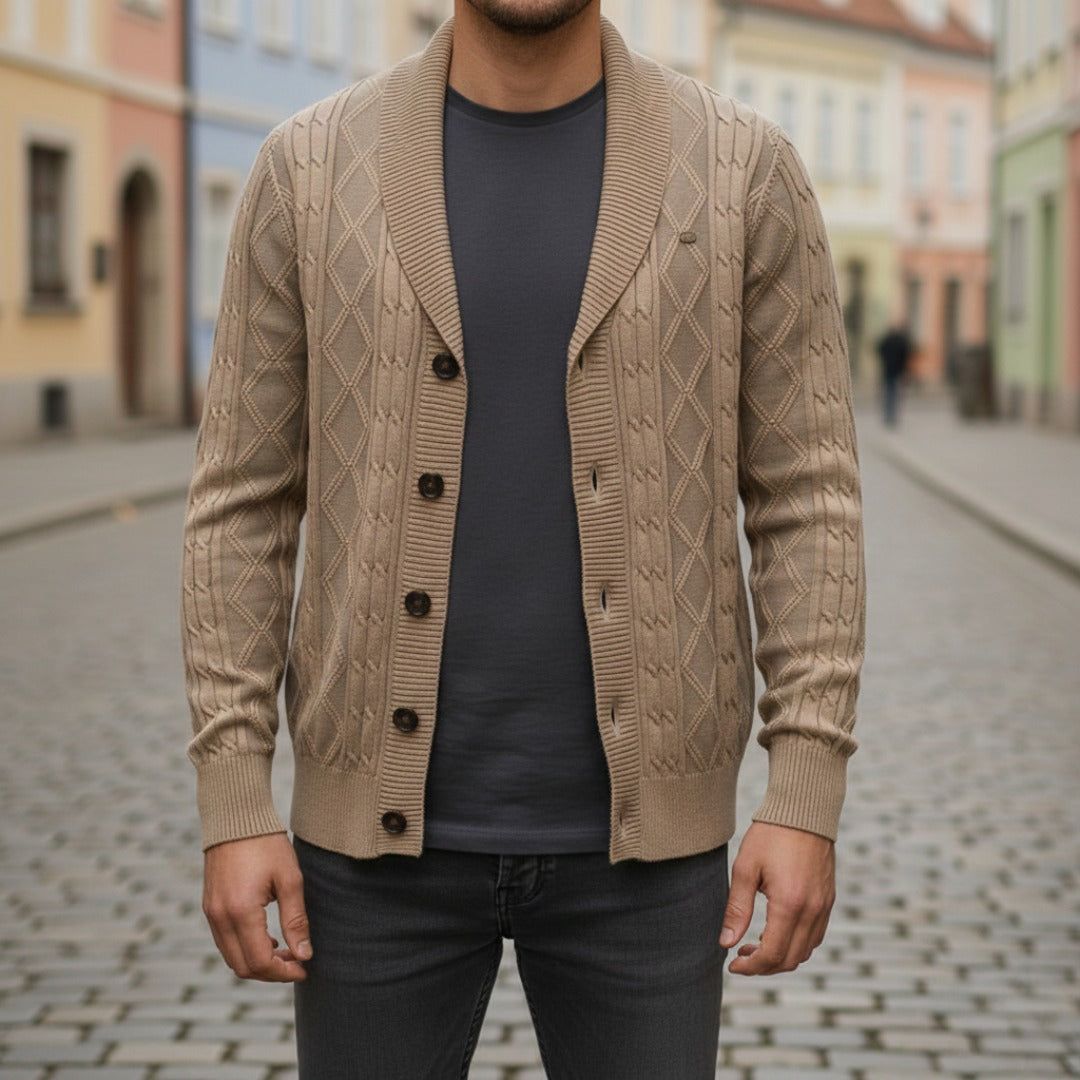 Men's shawl collar cardigan button-front classic knit sweater warm versatile blue beige brown black