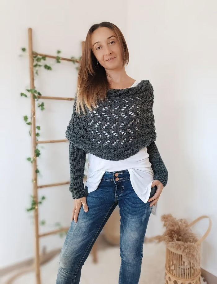Bohemian knit scarf for women in neutral tones, cozy wrap style with fluid draped silhouette