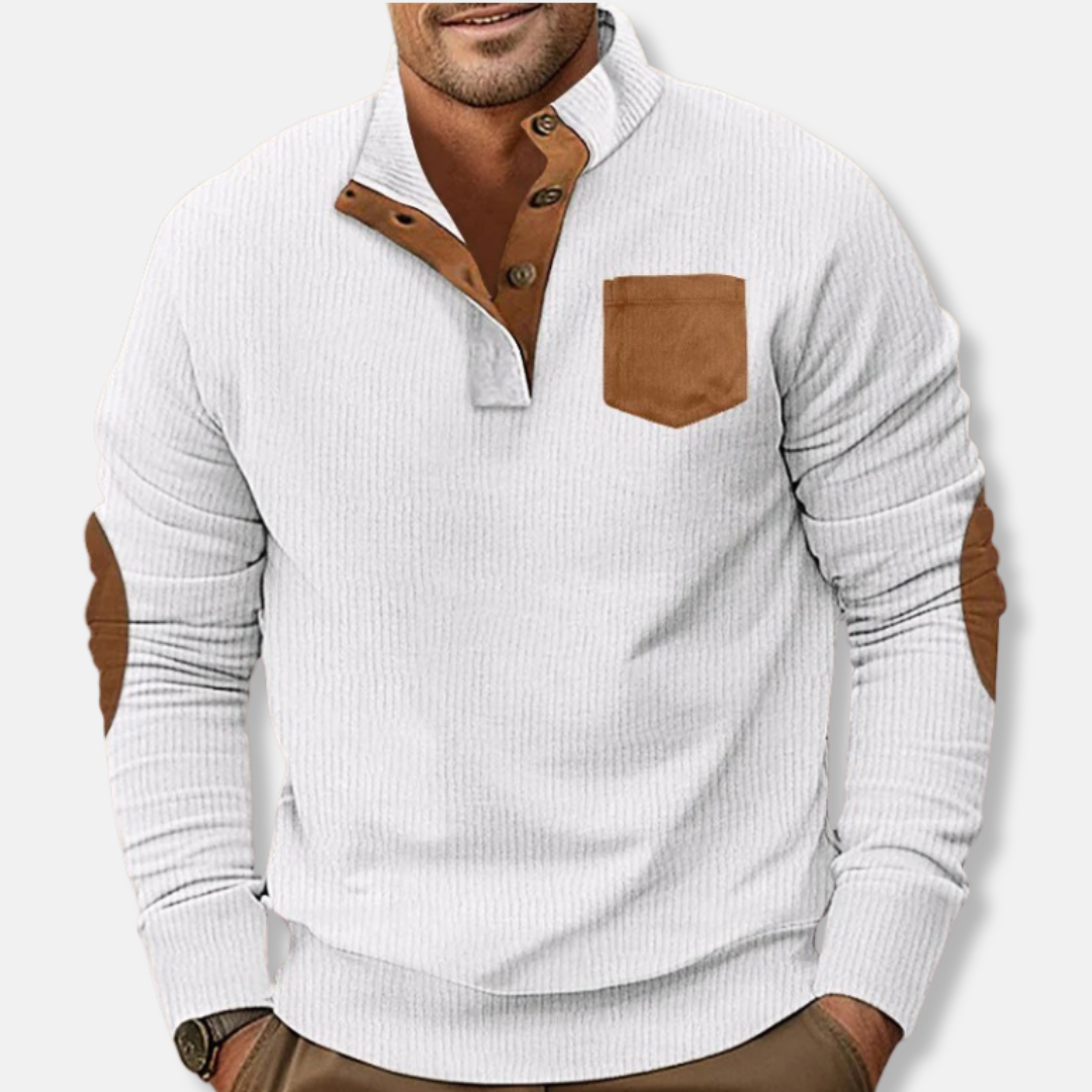 Men's ribbed knit sweatshirt stand collar contrast elbow patches casual everyday style