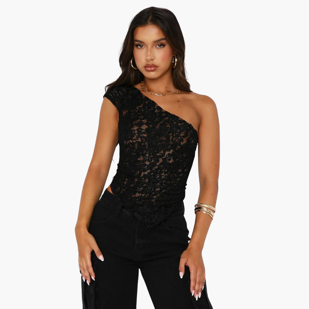 White lace one-shoulder top women asymmetrical cut elegant stageworthy style bold fashion