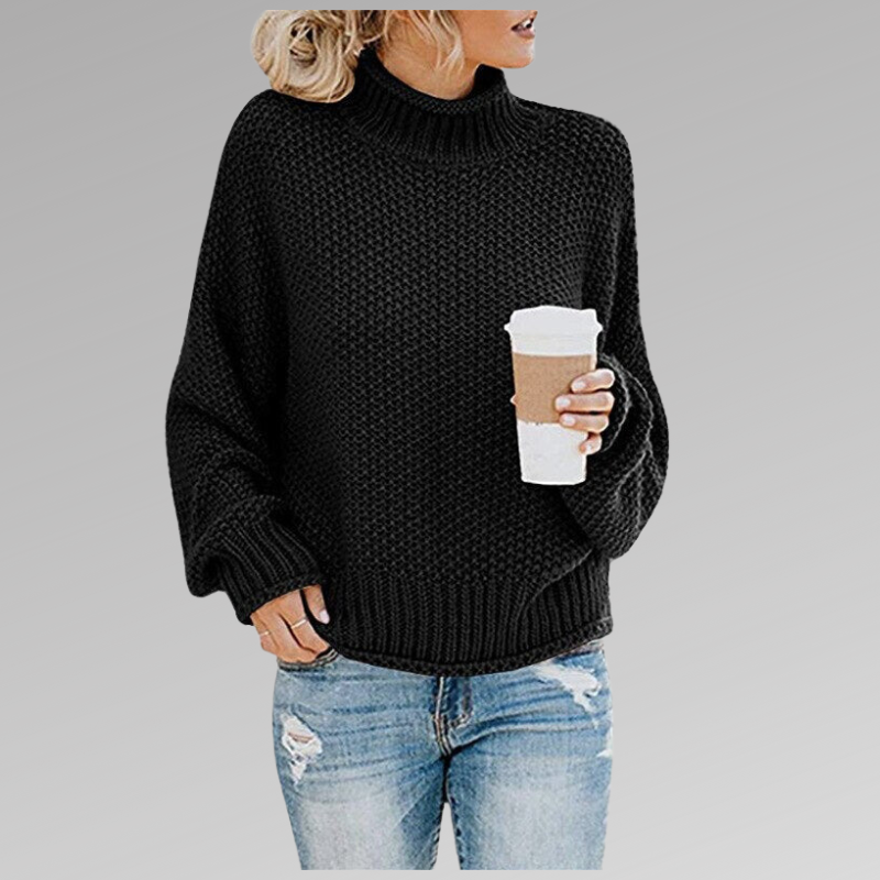 Women's high neck knit pullover sweater in cozy soft polyester, long sleeve solid color fall winter style