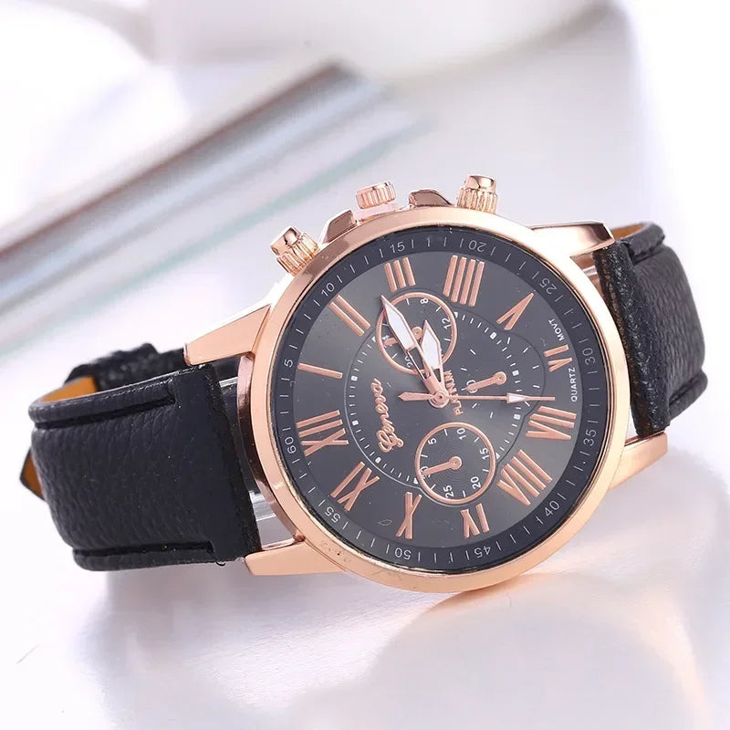 Geneva women's chronograph watch gold case vibrant color dial bold strap Roman numeral fashion timepiece