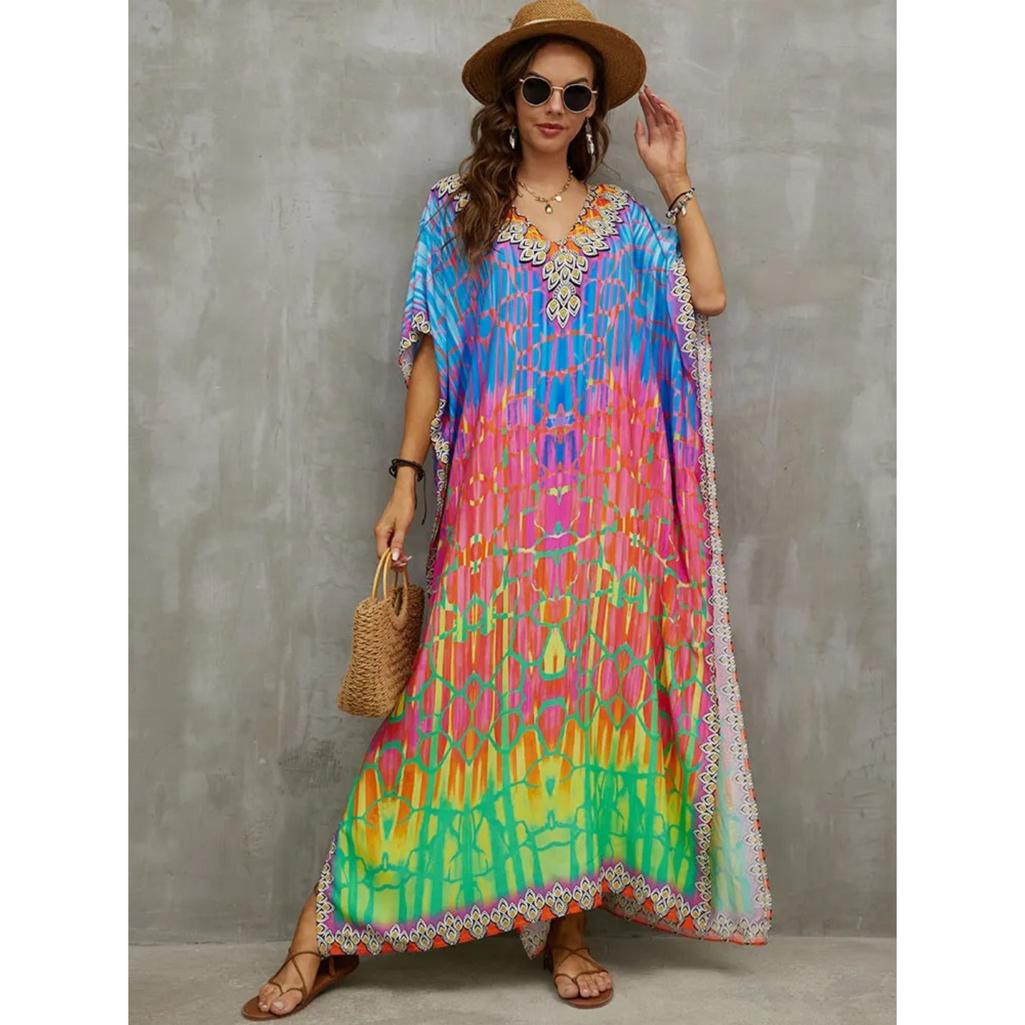 Women's light airy kaftan beach cover-up loose fit V-neck bohemian style casual summer wrap