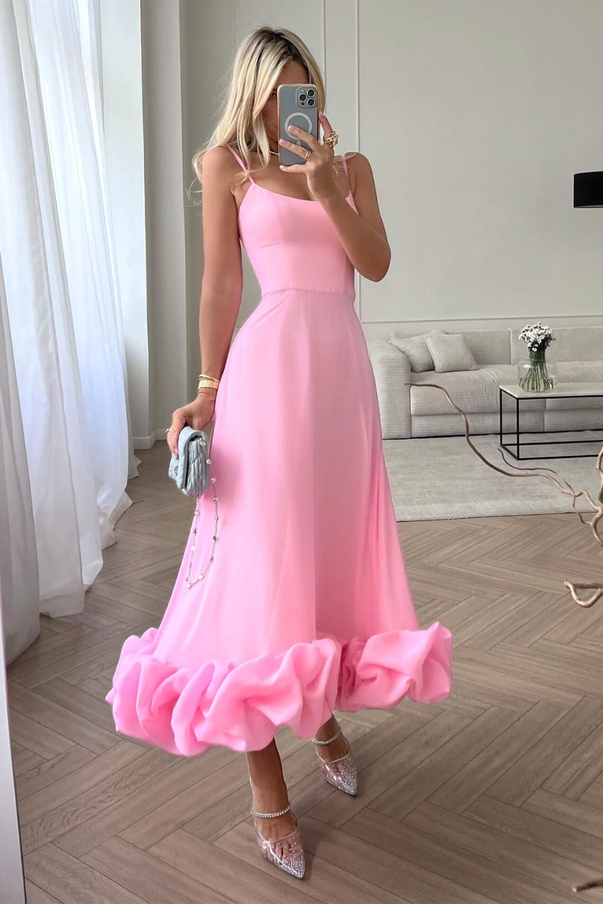 Women's spaghetti strap midi dress with ruffled hem, elegant fitted bodice, lightweight flowing silhouette