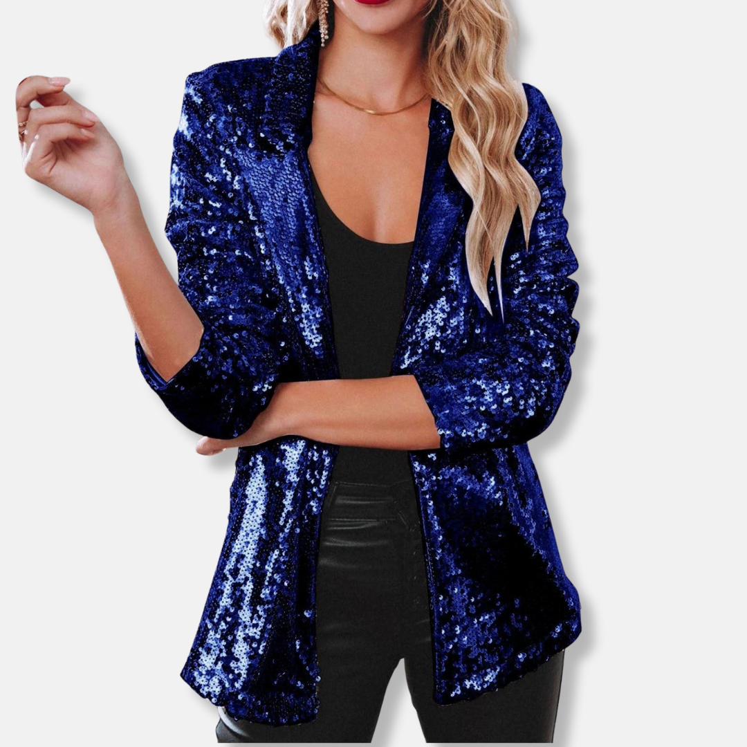 Women's relaxed hip-length sequin embellished collared blazer party jacket with long sleeves