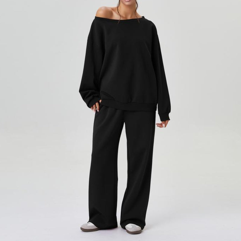 Women's soft knit co-ord set draped shoulders wide leg trousers two-piece coordinated outfit