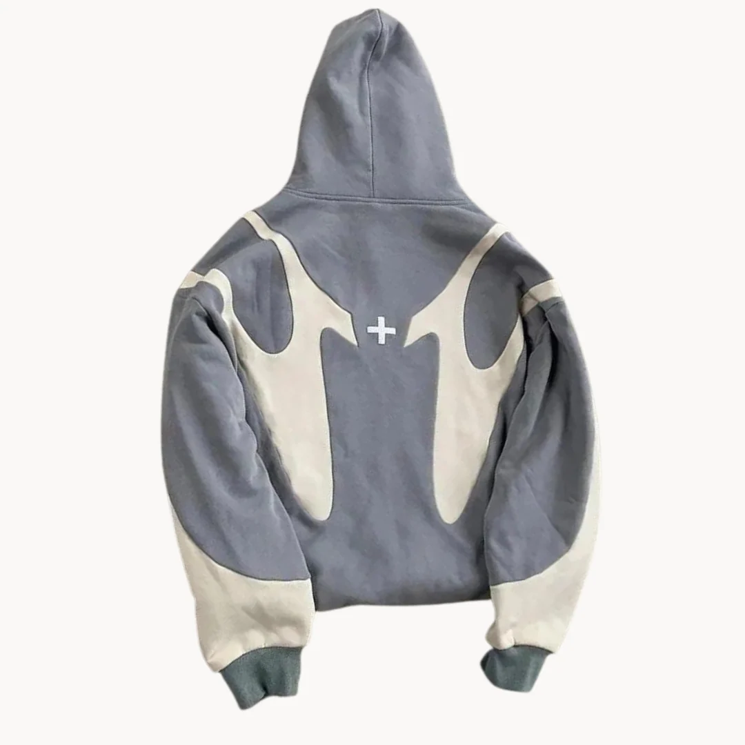 Men's relaxed fit zip hoodie in neutral tone with drop-shoulder silhouette and modern graphic detail