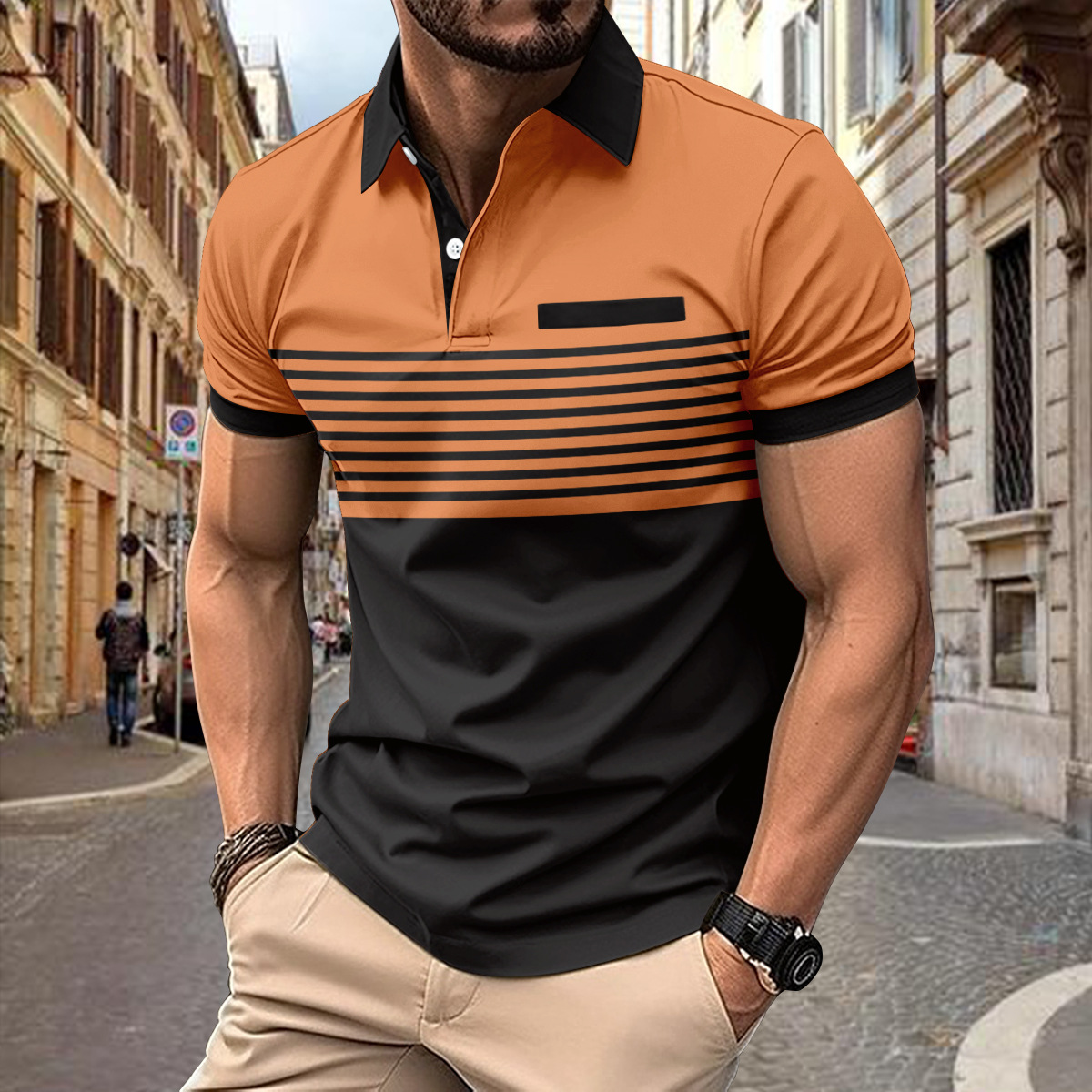 Men's classic fit polo shirt breathable fabric subtle stripe detailing button placket everyday casual wear