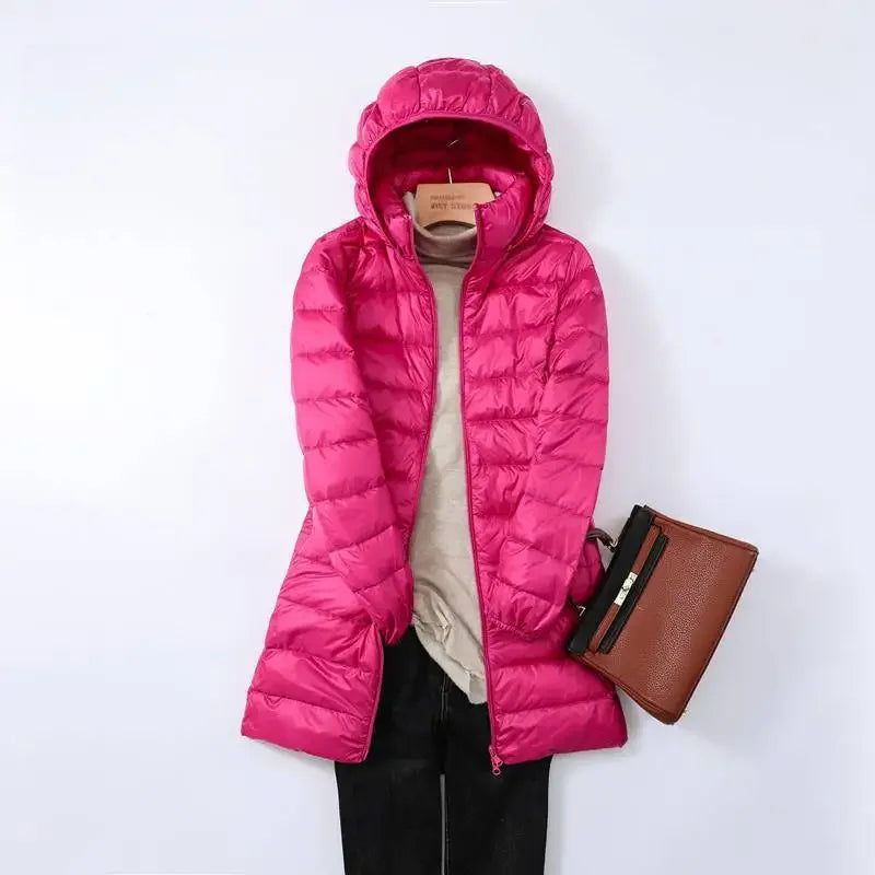 Women's black packable puffer jacket removable hood lightweight insulated winter outdoor coat