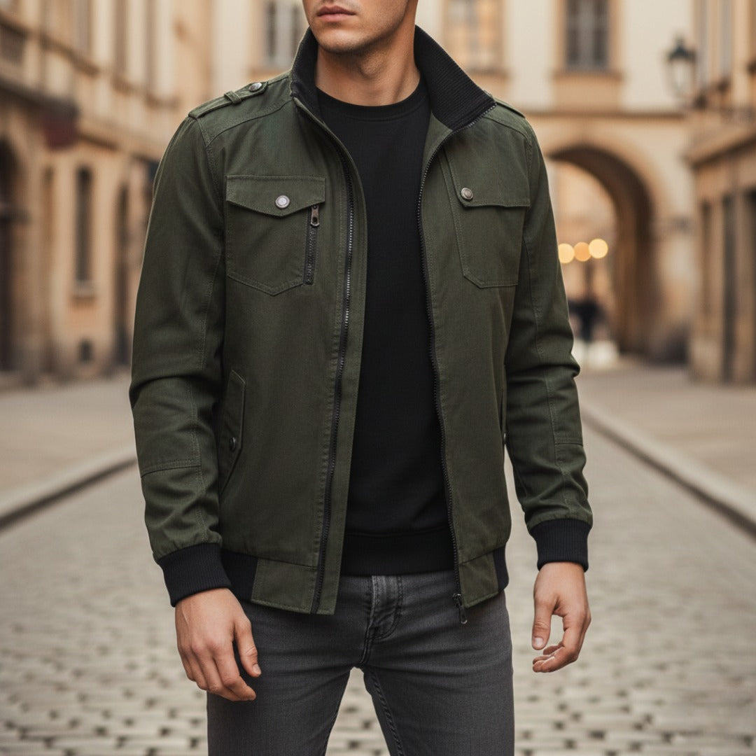 Men's windproof bomber jacket with zipper in beige, blue, red, green or black casual everyday outerwear
