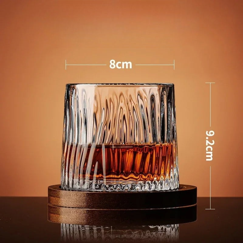 Helios crystal whiskey glasses set with ball base and wooden stand, elegant textured design