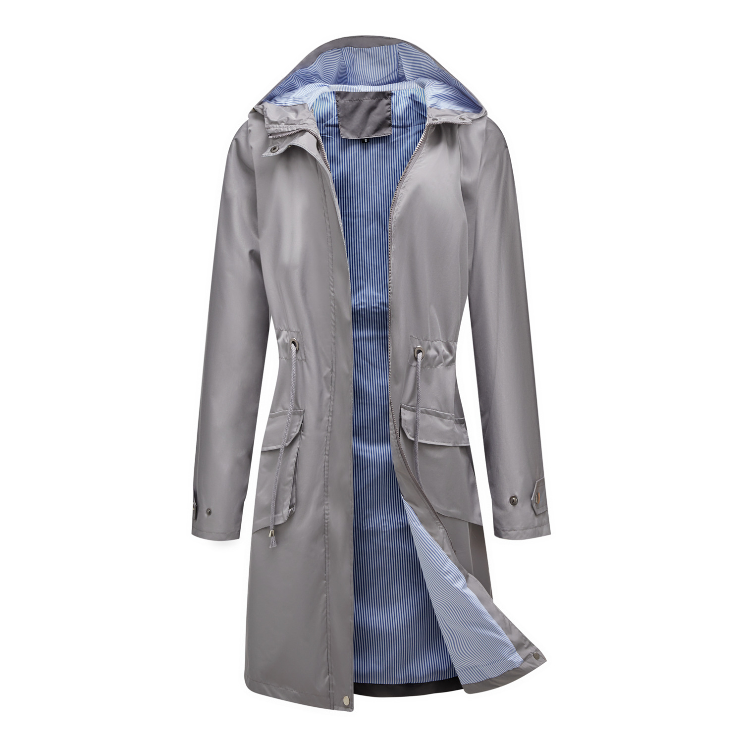 Beige waterproof lightweight trench coat with hood, adjustable waist, slim urban cut for commuters