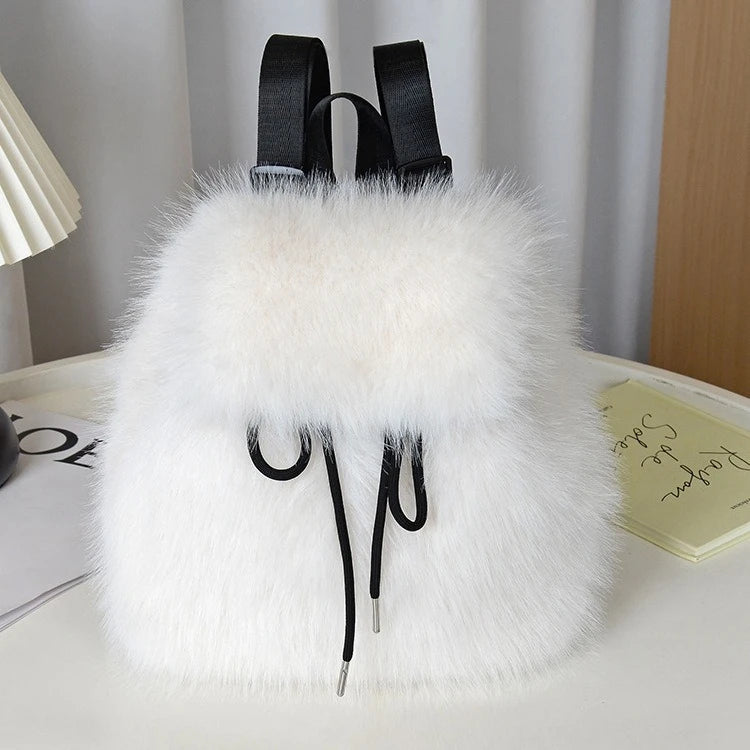Women's faux fur backpack roomy drawstring closure magnetic snap all-day comfort fashion bag