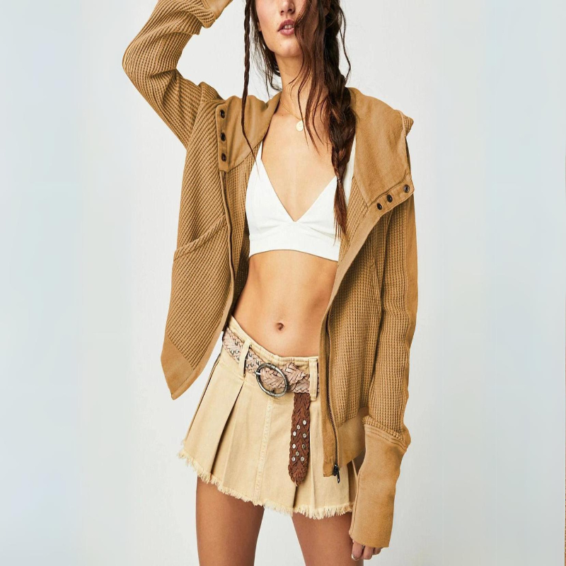 Women's cropped textured knit hoodie with hybrid button-zip closure for lightweight casual warmth