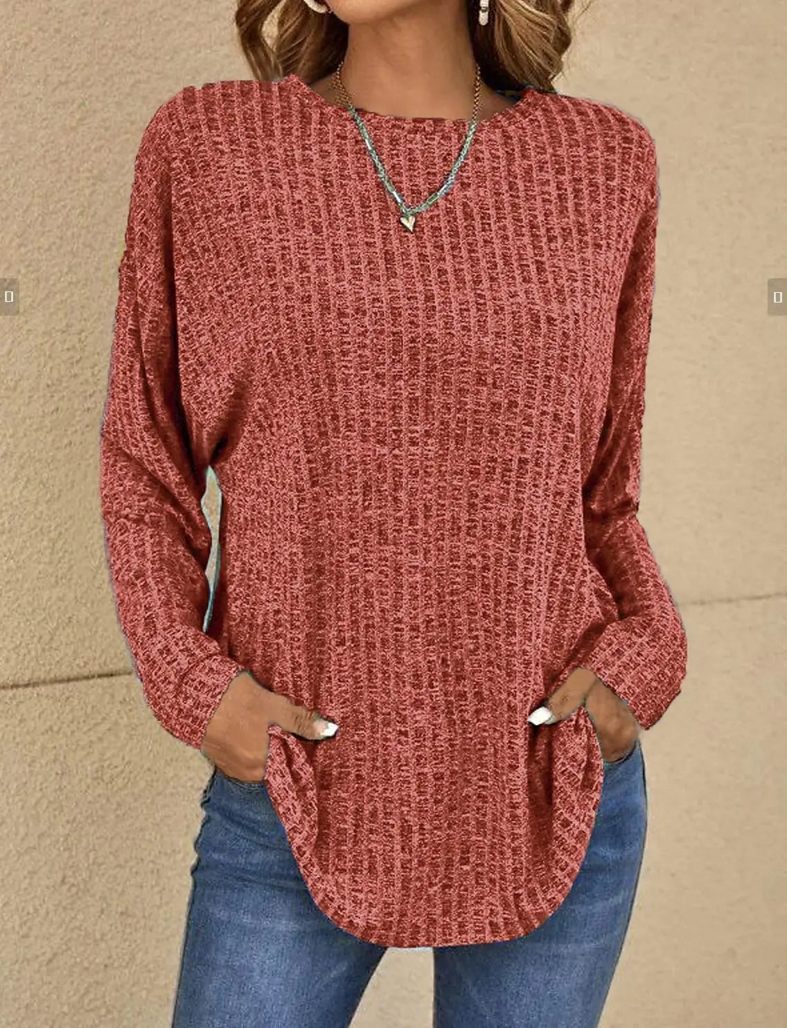 Women's relaxed-fit ribbed knit pullover sweater in soft neutral tones with long sleeves casual style