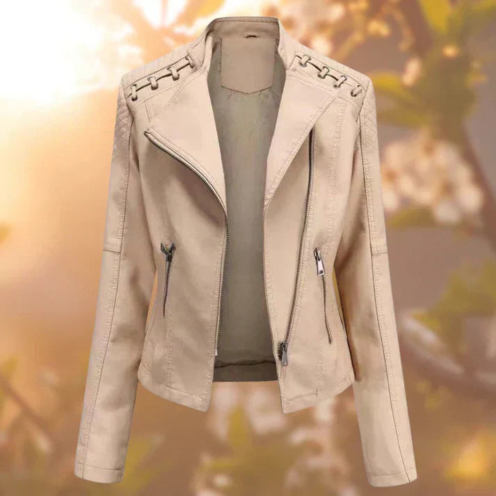 Women's black leather jacket modern slim fit timeless silhouette with contemporary detailing