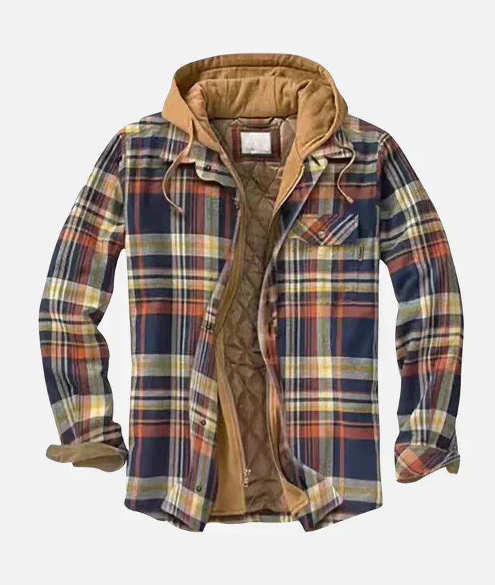 Men's plaid flannel shirt jacket with hood, quilted lining, zipper and button closure