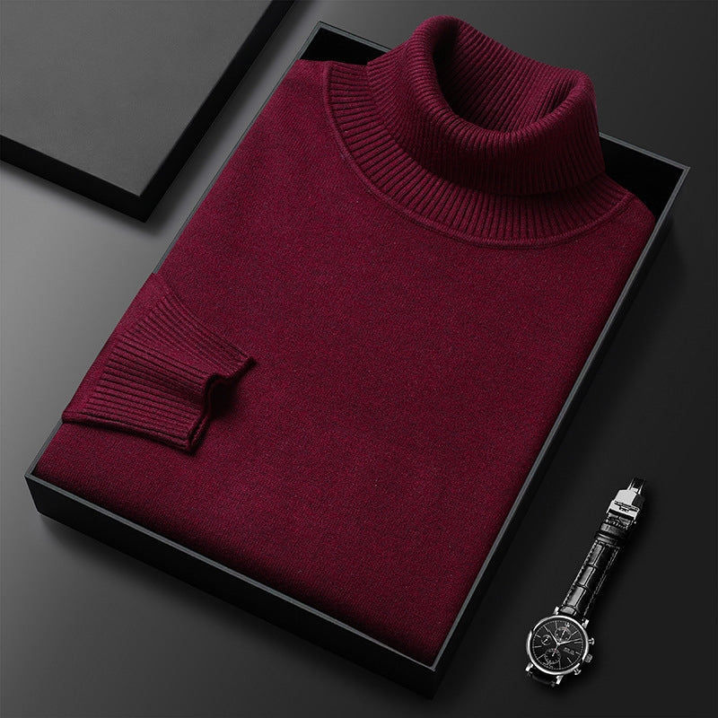 Men's lightweight cashmere blend turtleneck sweater with structured neckline, refined cold-weather style