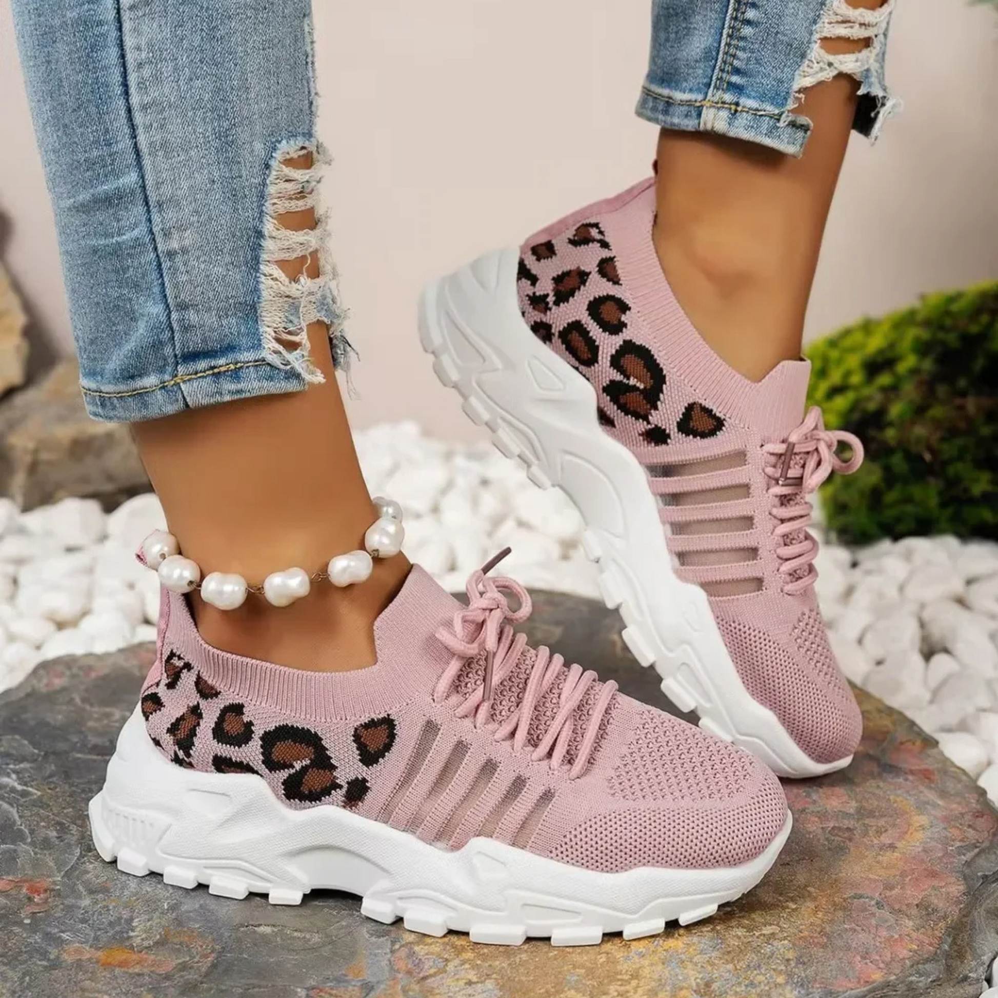 Women's leopard print knit sneaker ultra-lightweight breathable sock fit with chunky sole