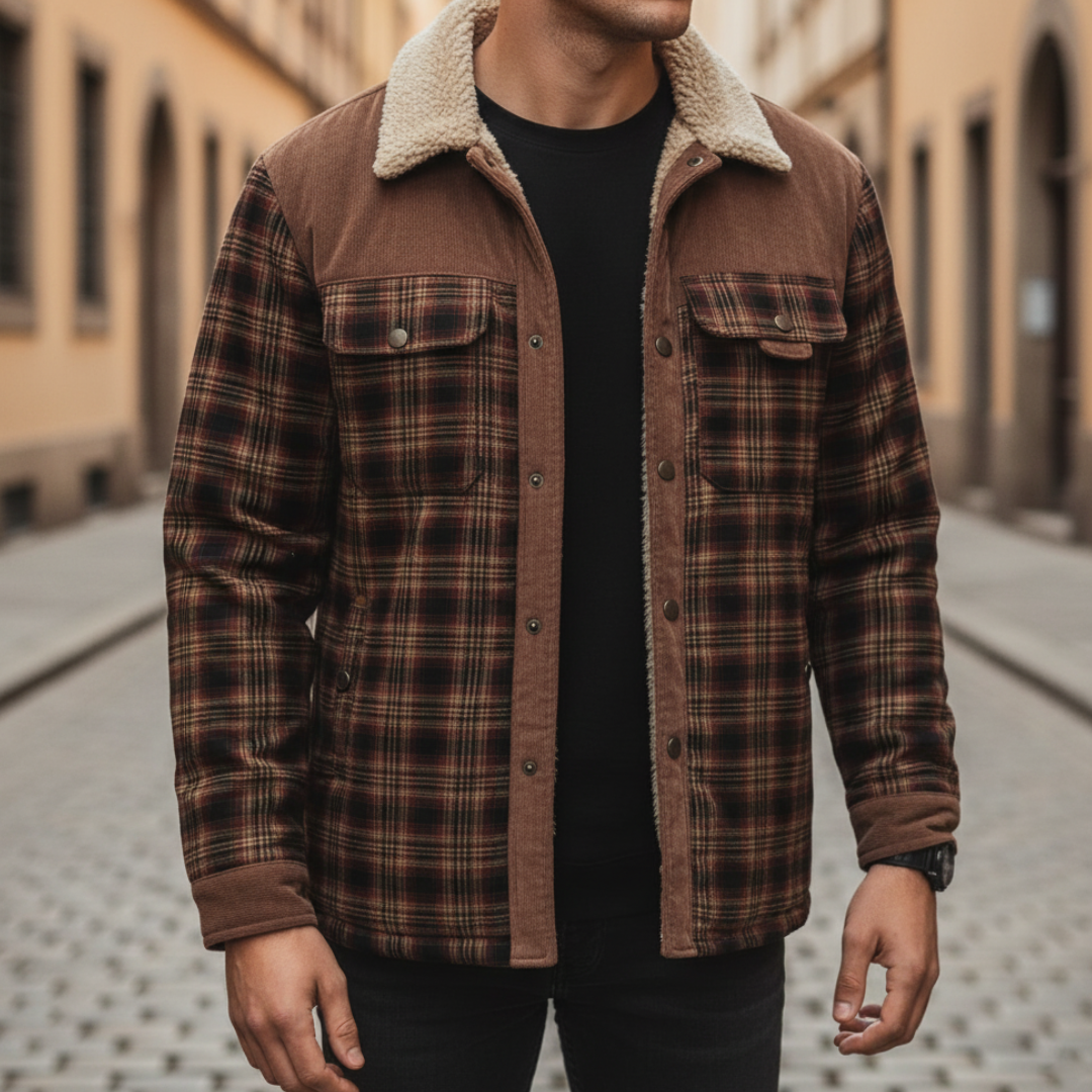 Men's plaid wool flannel sherpa shirt jacket with shearling lining for rugged cold-weather warmth