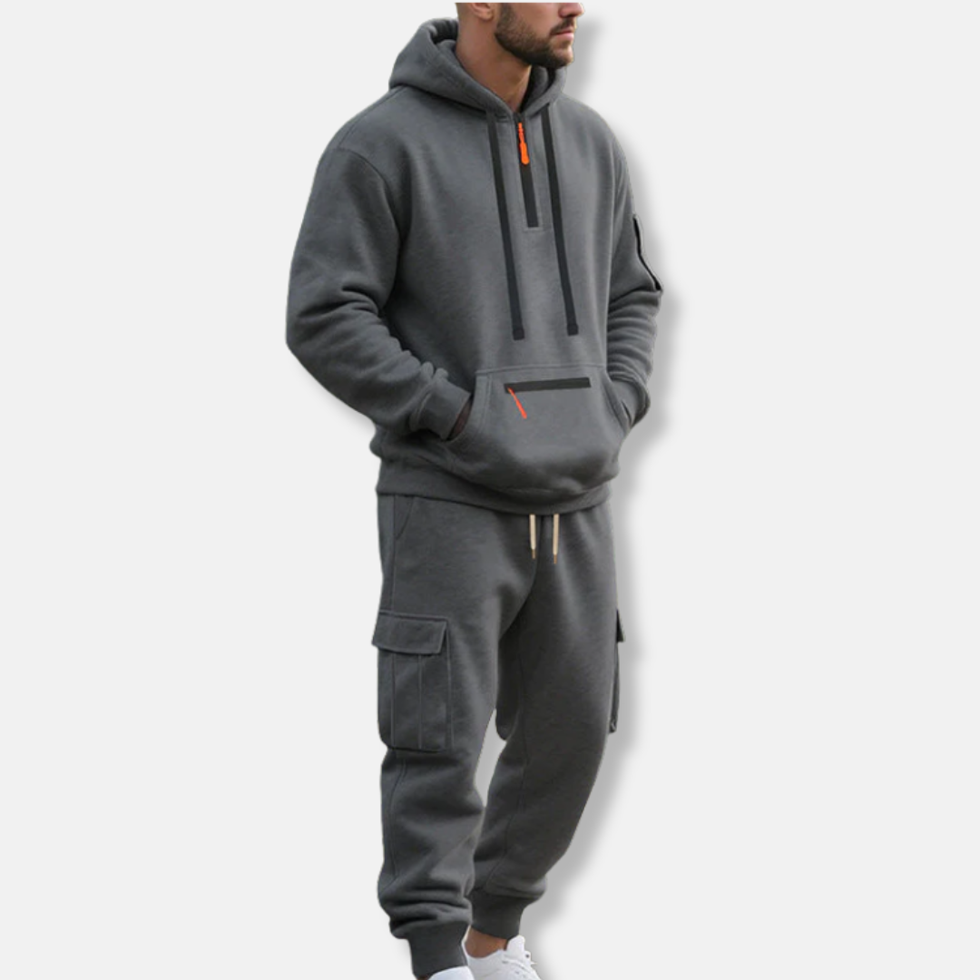 Men's gray relaxed fit tracksuit set with half-zip hoodie and cargo joggers streetwear style