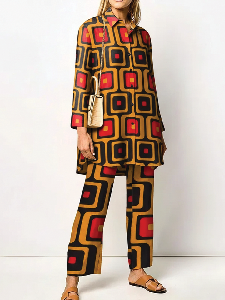 Women's two-piece woven set with relaxed tunic top, straight-leg pants, and pointed collar