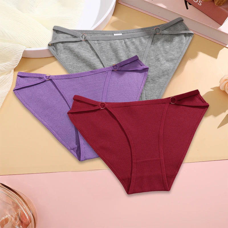 Women's ribbed cotton panty set with double straps, breathable fabric, and hip ring detailing