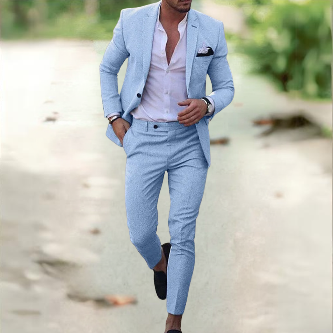 Men's beige linen-blend suit jacket and straight-leg trousers crisp structured business casual fit