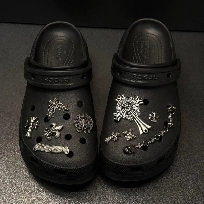 Crocs Jibbitz charms set bold metal accents antique chain Fleur-de-lis mix-match collectors