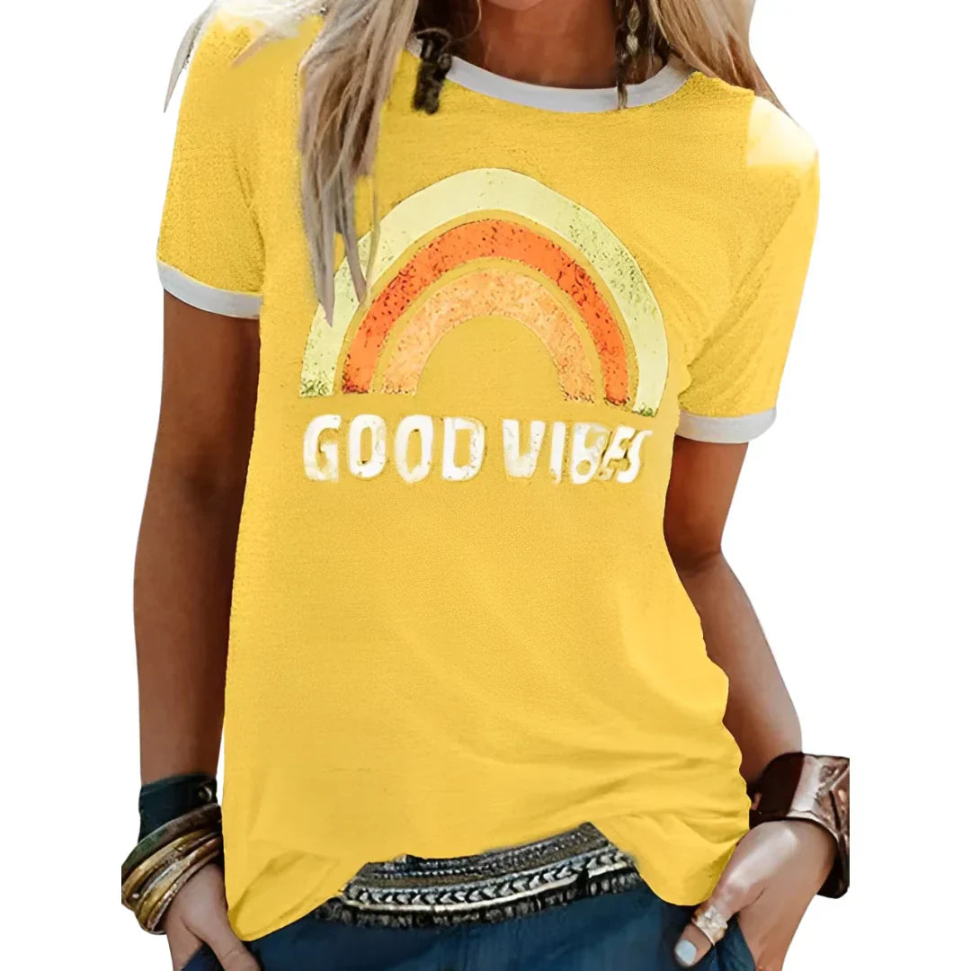 Unisex casual positive vibes graphic tee in versatile colors, relaxed fit with upbeat slogan print