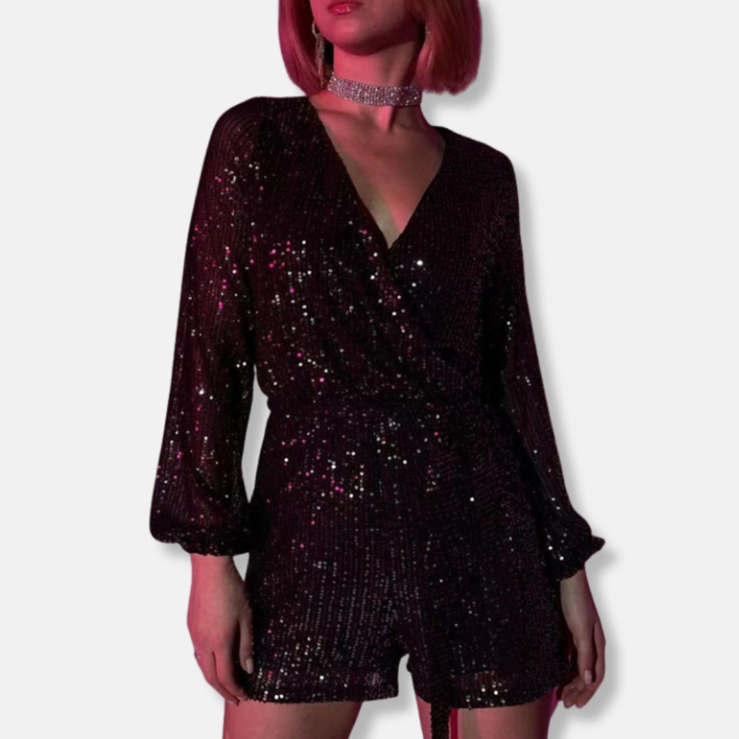 Silver sequined wrap mini dress with balloon sleeves, V-neck, and self-tie waist for party nights