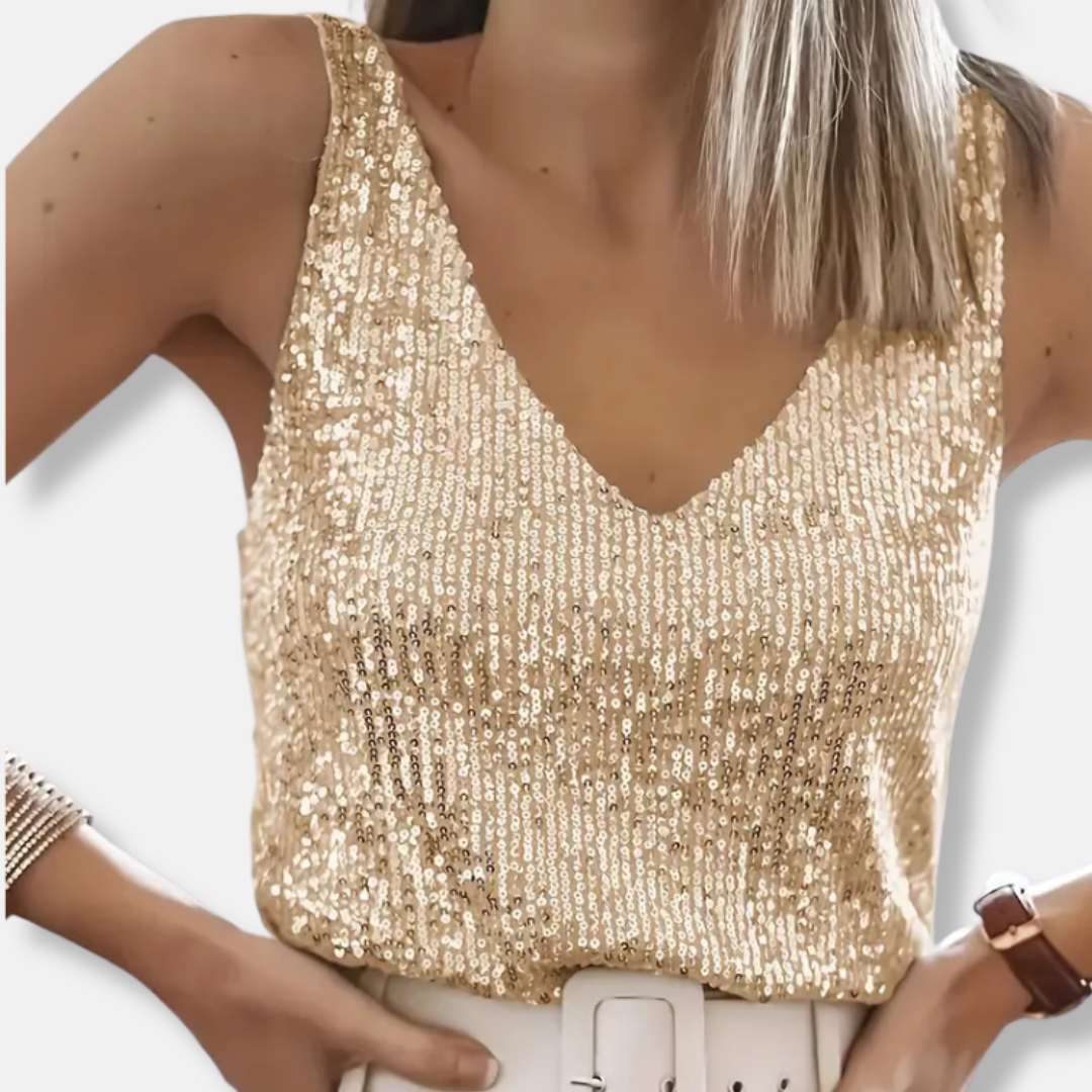 Women's silver sequined V-neck sleeveless top relaxed fit hip-length sparkle party style