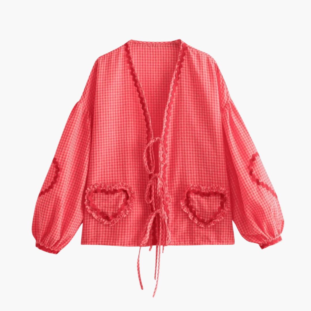 Women's blue white gingham blouse with heart-shaped pockets, casual feminine summer top with breezy fit