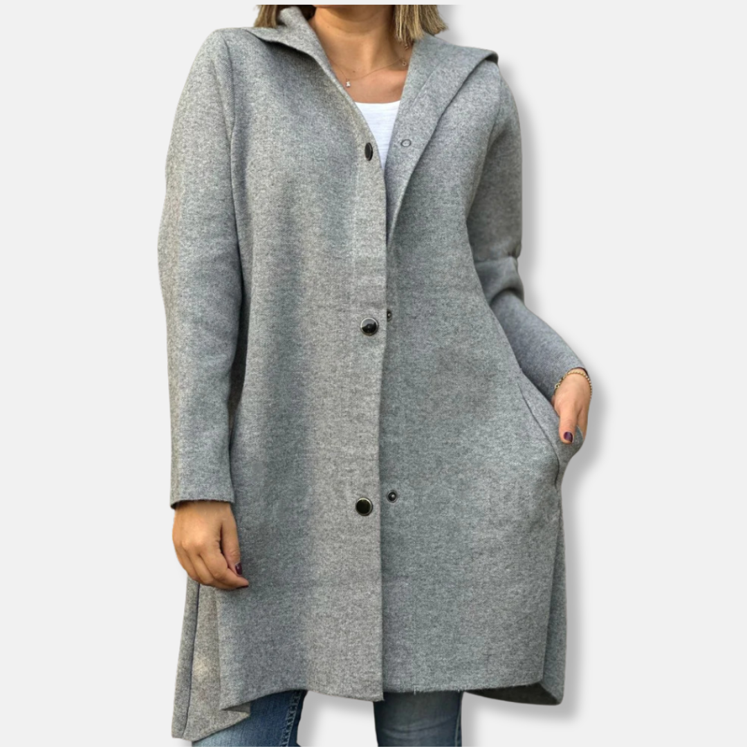 Women's wool blend hooded coat relaxed A-line silhouette mid-thigh length snap button closure