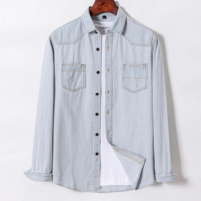 Sylvi blue denim shirt 100% cotton sharp point collar dual chest pockets classic everyday fit