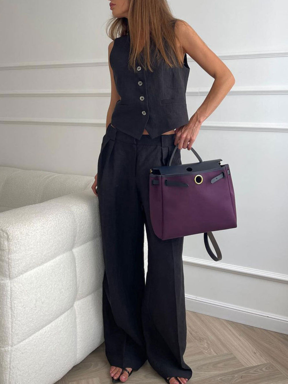 Women's linen two-piece set sleeveless V-neck top wide-leg pants breathable solid color casual chic