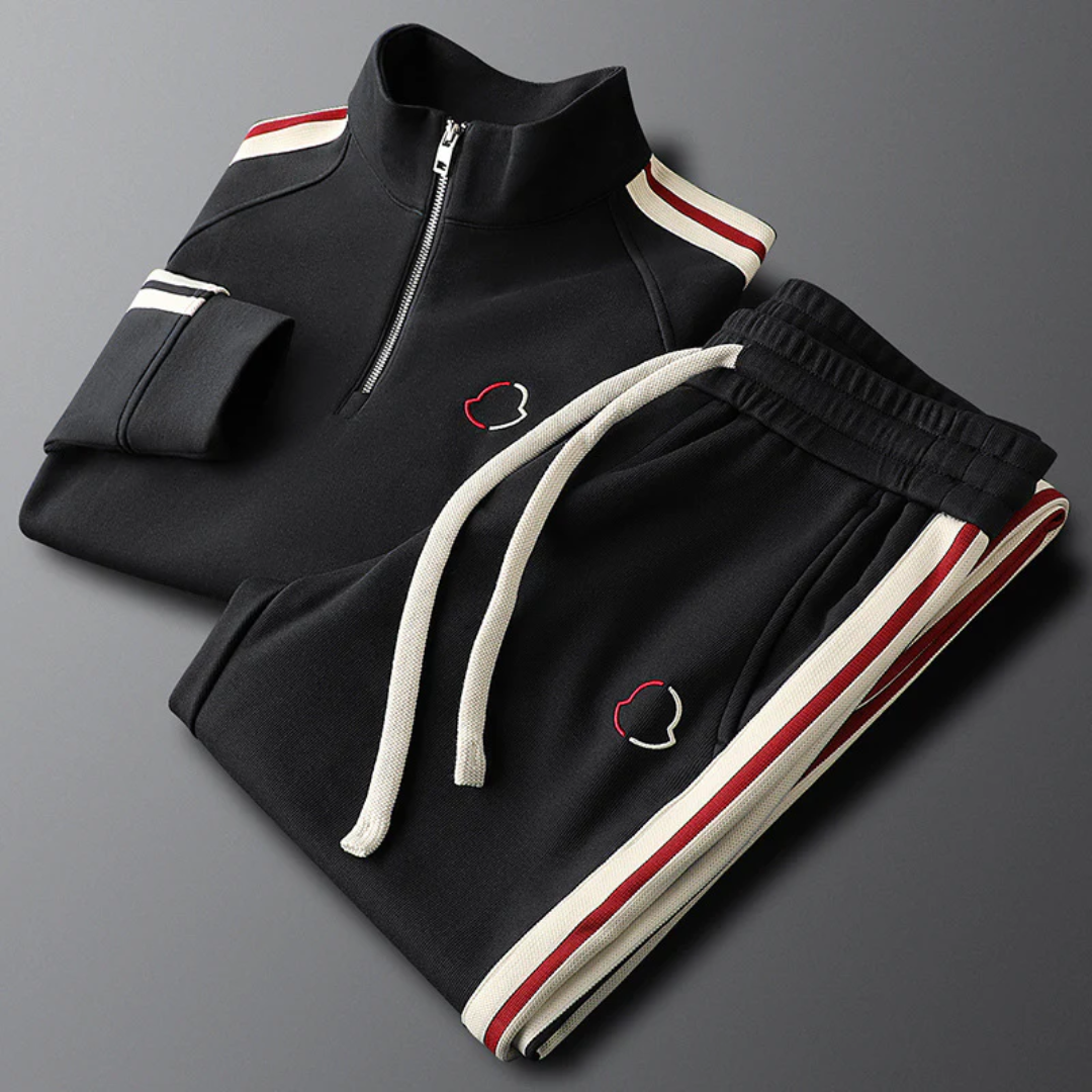 Black premium lycra tailored tracksuit set with athletic silhouette and performance fit