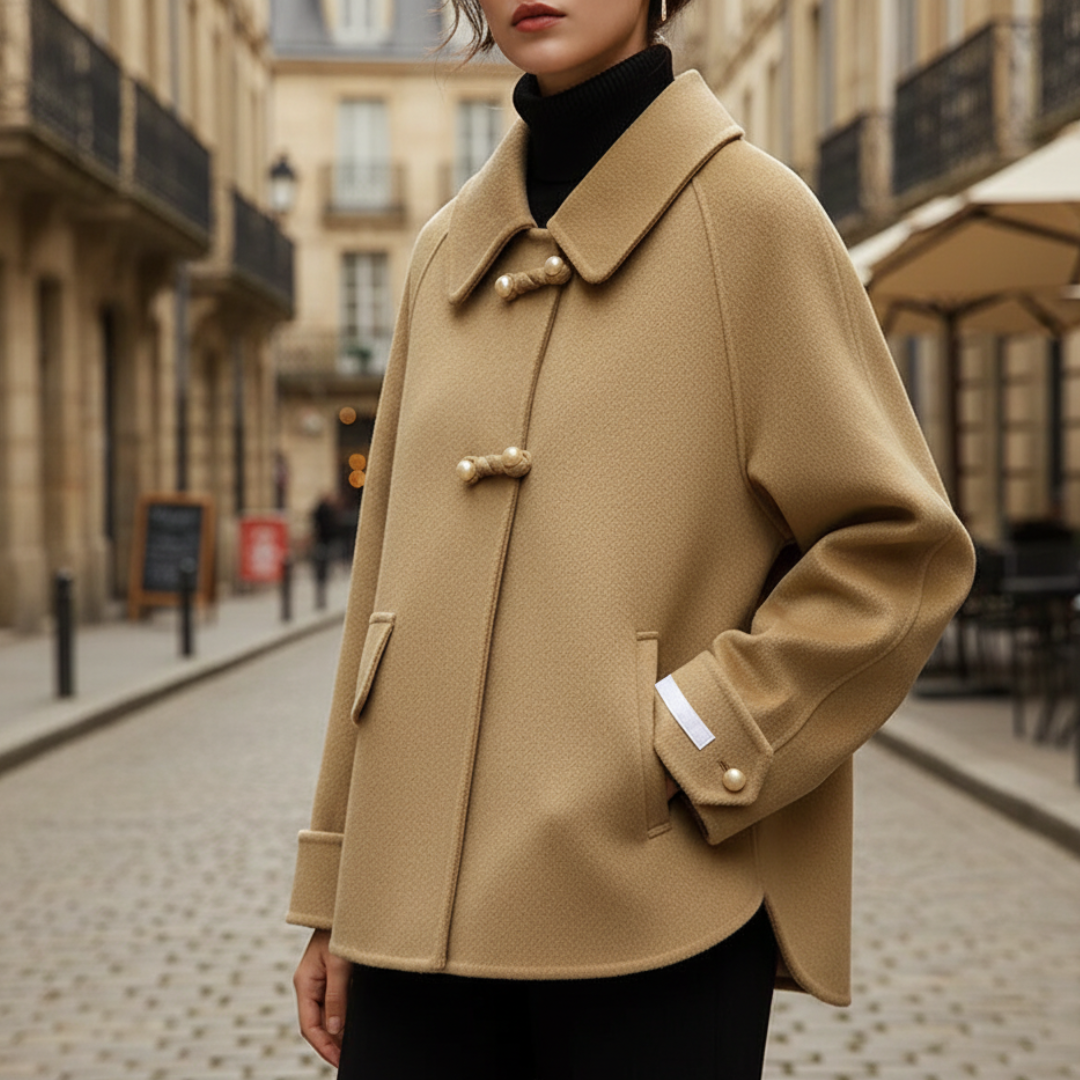 Women's short wool blend jacket tailored fit Peter Pan collar pearlized toggles classic style