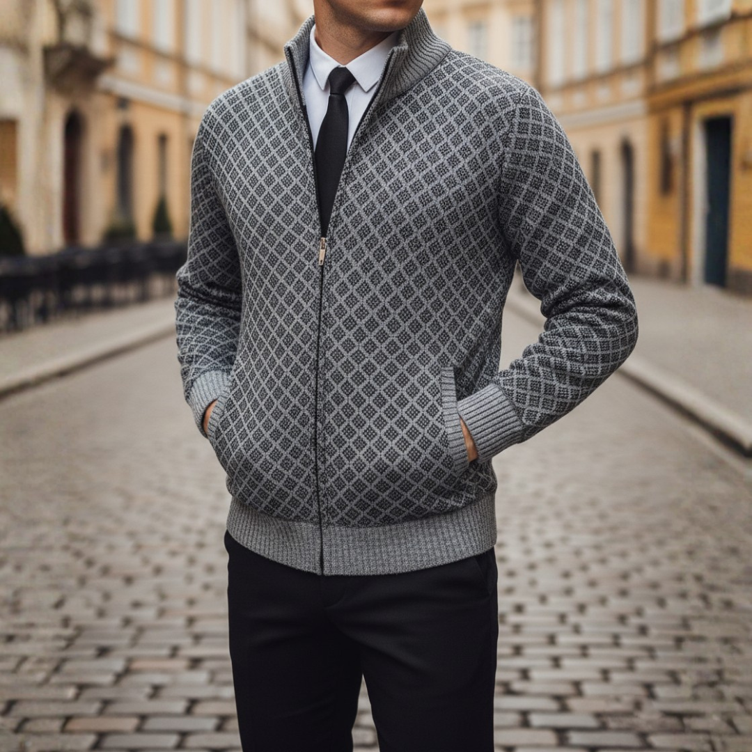 Men's diamond pattern full-zip high collar cardigan in gray premium knit fabric with visual texture