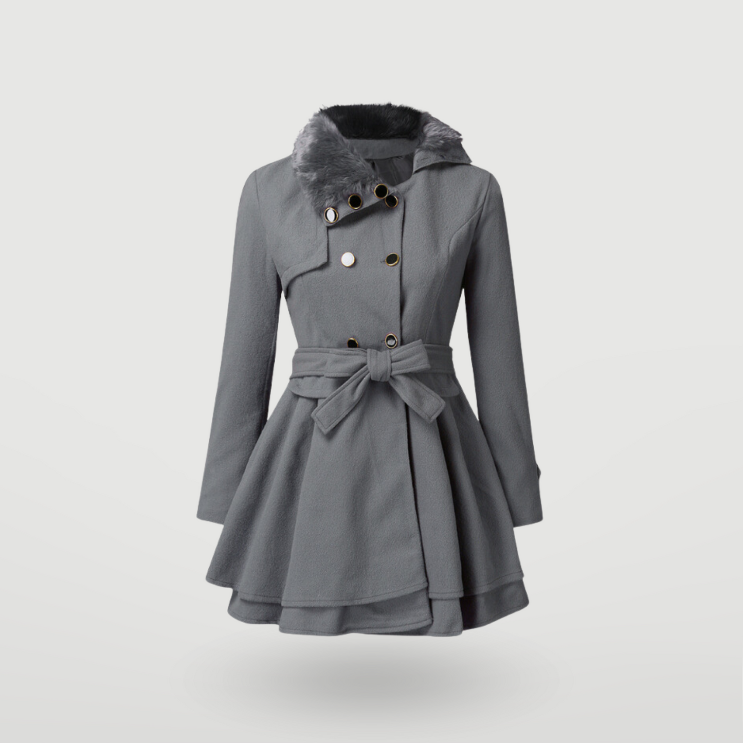 Women's beige layered trench coat double-breasted belted waist with flowing tiered hem silhouette