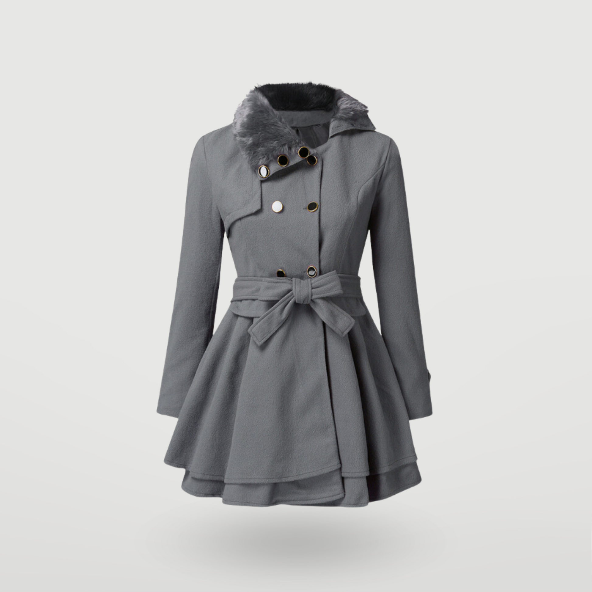 Women's beige layered trench coat double-breasted belted waist with flowing tiered hem silhouette