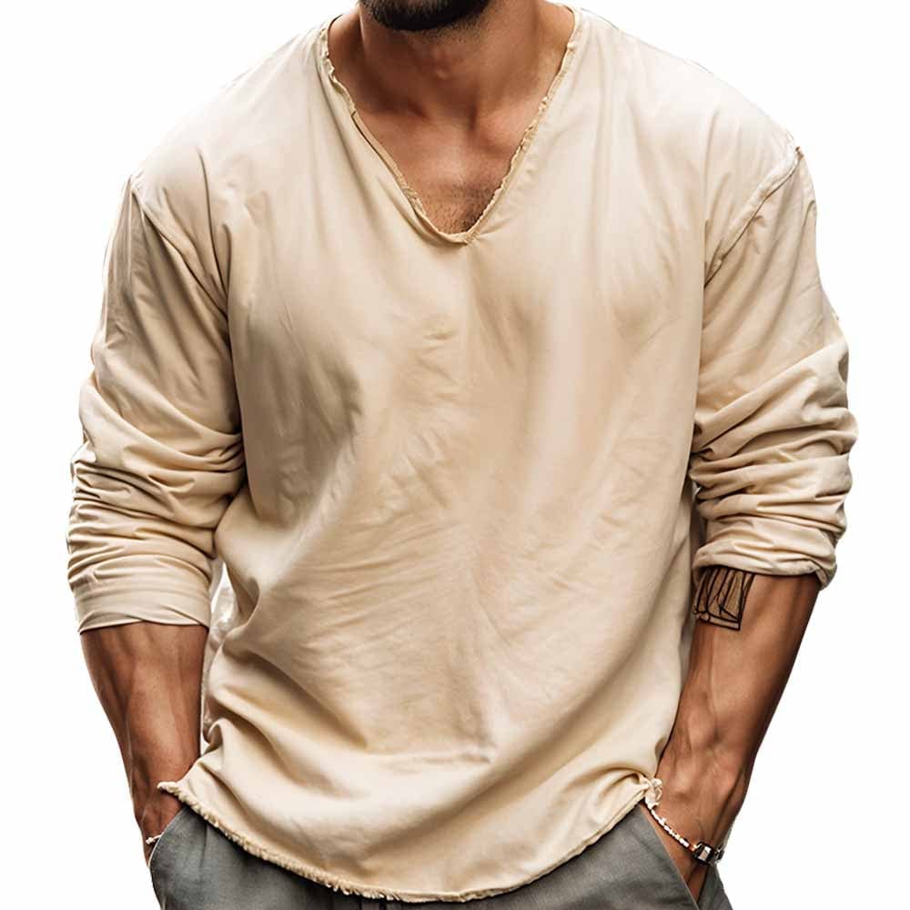 Men's classic cotton V-neck shirt slim fit breathable everyday office wear modern gentleman style