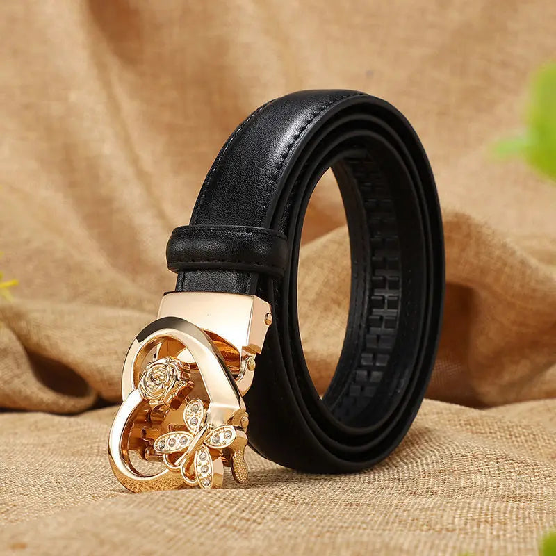 Women's high-gloss leather belt gold butterfly rose crystal buckle bold feminine waist accent