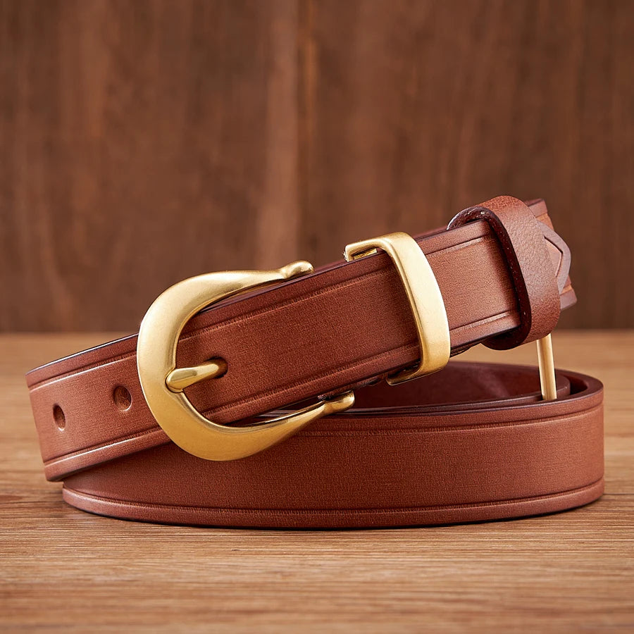 Men's full-grain leather belt tan brown hand-burnished edges solid brass buckle timeless patina