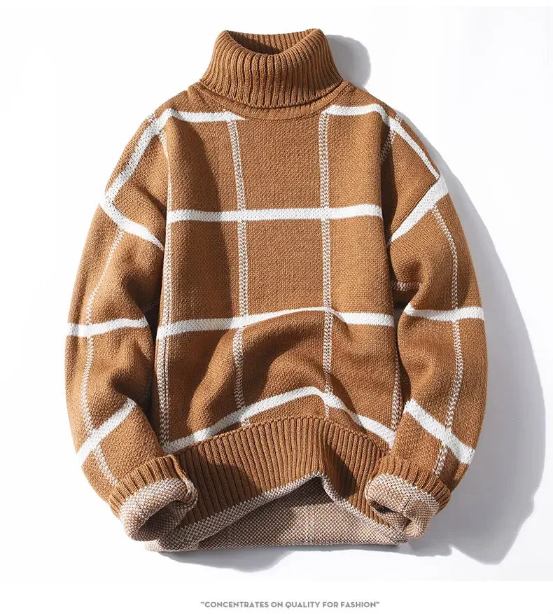 Charcoal grid knit turtleneck sweater with structured windowpane texture for modern professionals