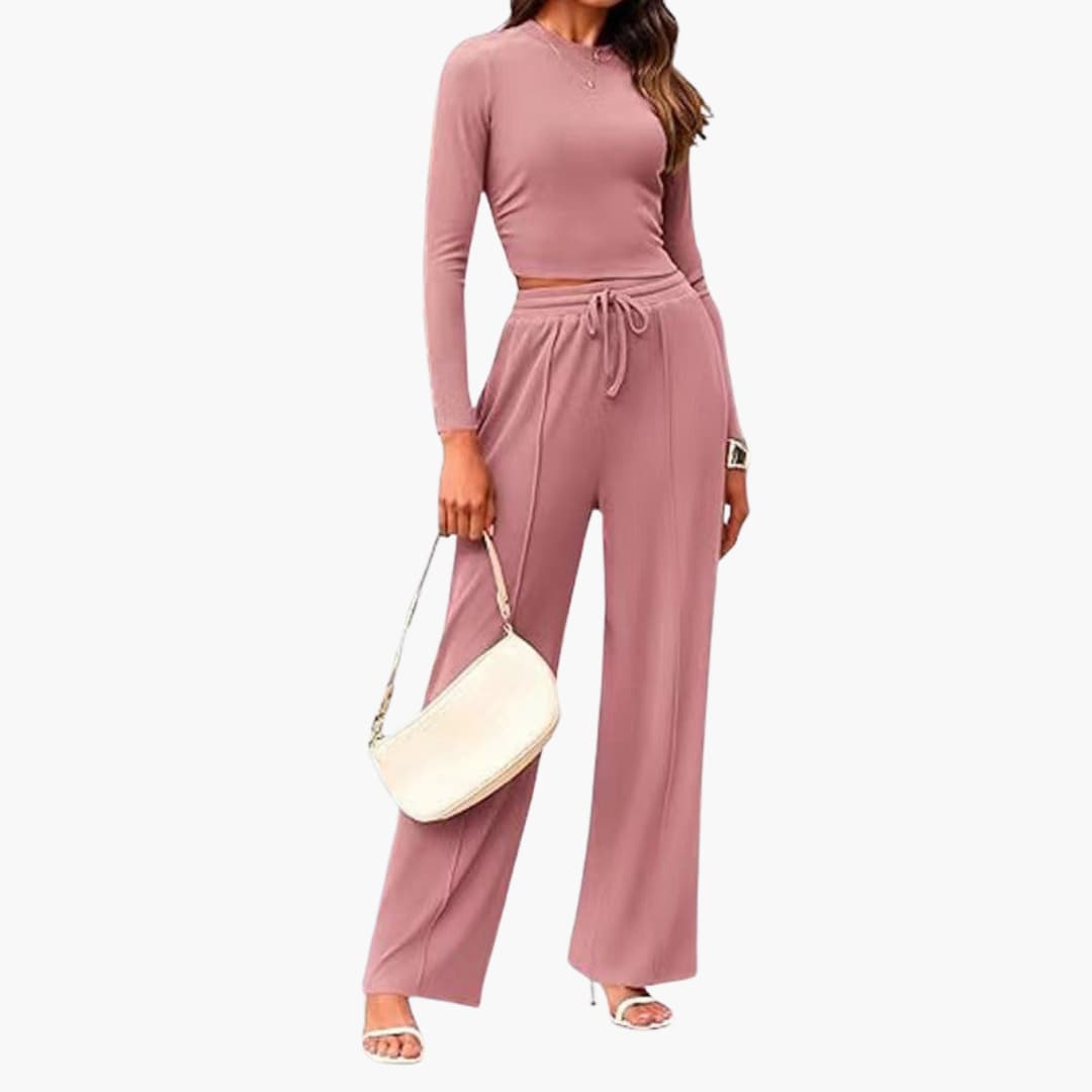 Women's lounge set long sleeve top wide leg pants elastic drawstring waist relaxed fit