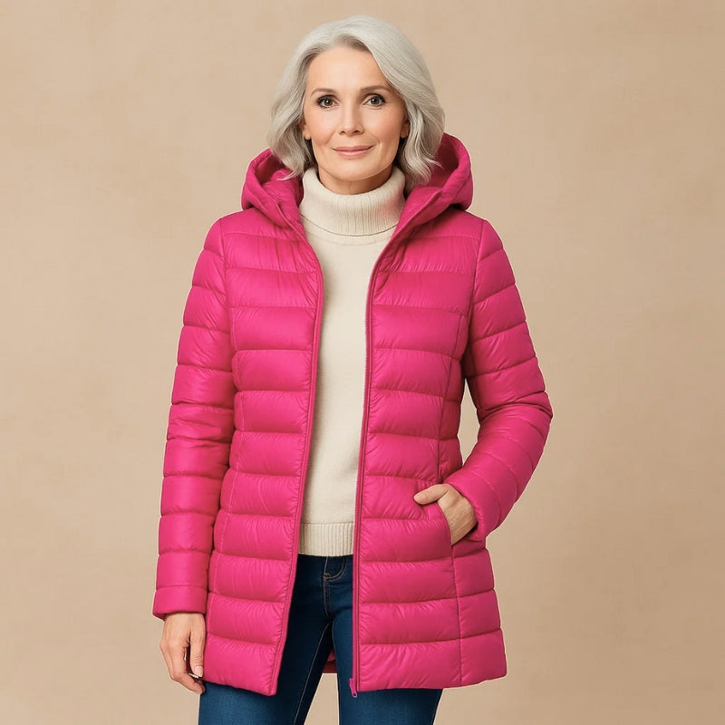 Women's lightweight down jacket slim fit hooded puffer coat ultra-warm minimalist silhouette