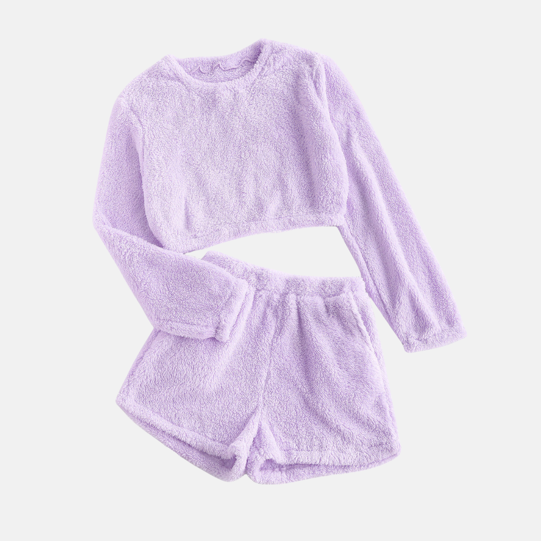 Women's textured plush two-piece loungewear set cropped long sleeve top high-waisted shorts cozy fit